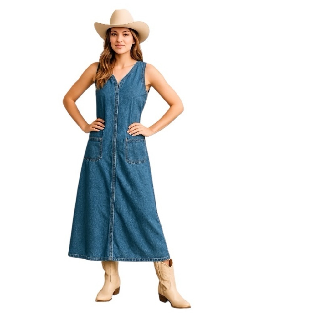 Original TY Wear Western Vintage Denim Coastal Cowgirl V-Neck Maxi Dress Size 10